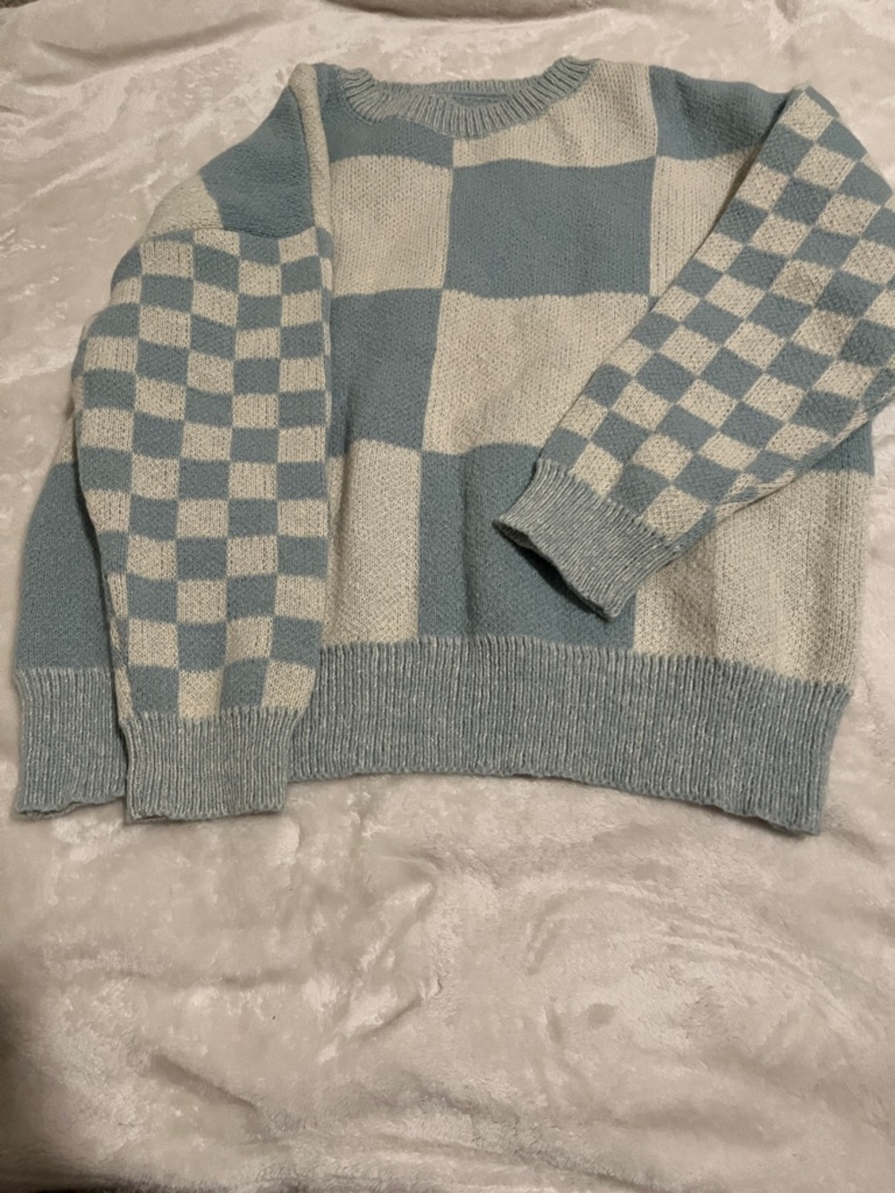 SHEIN Blue and Cream Checkerboard Crewneck Sweater